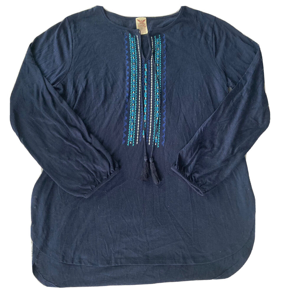 Faded Glory Top Sz Large L 12-14 Embroidered Dark Navy Casual Long Sleeve Boho